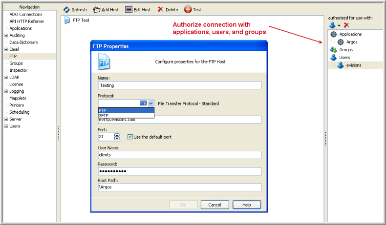Selecting FTP or SFTP